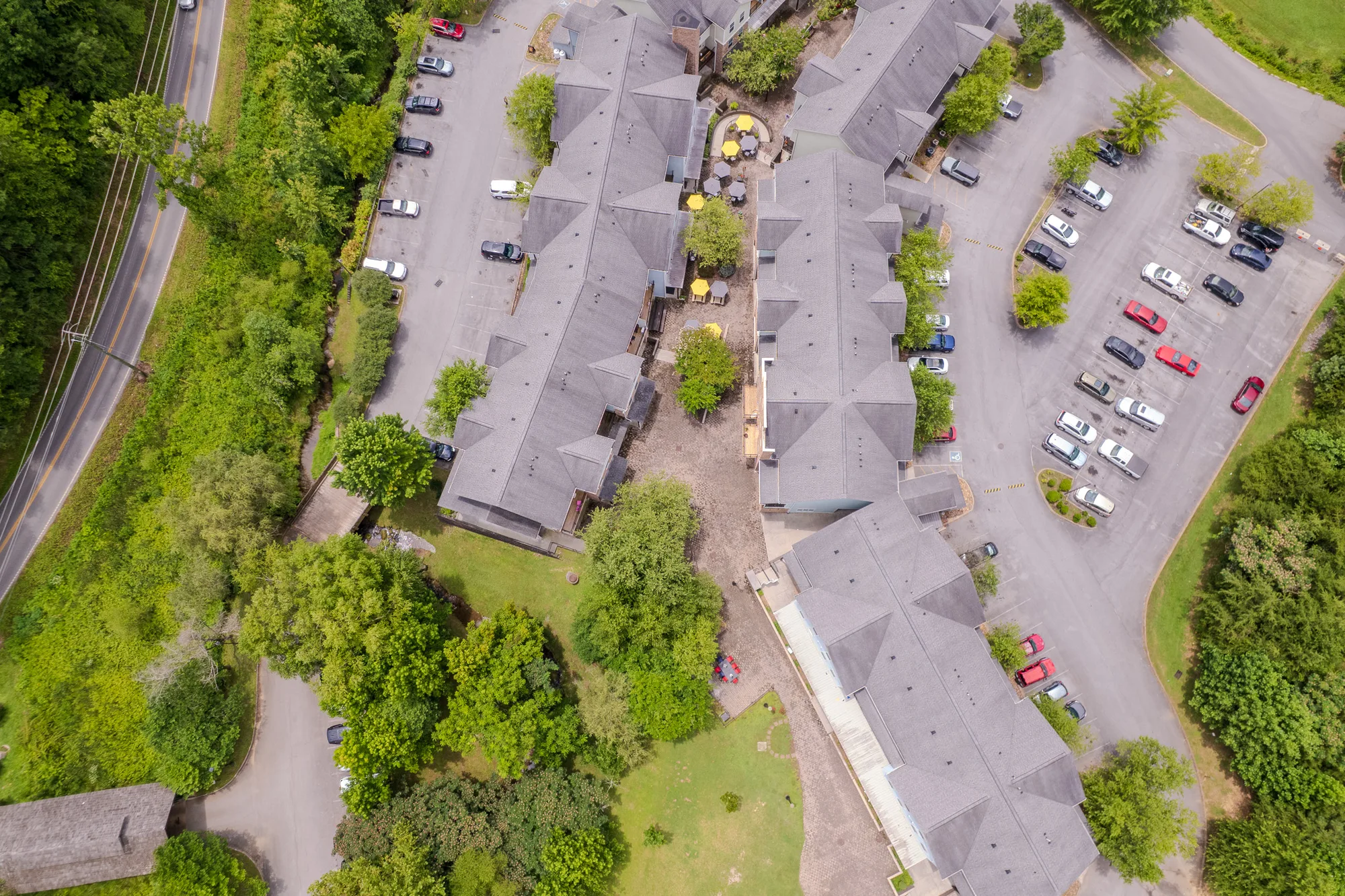 Drone shot of Covered Bridge Shops exterior